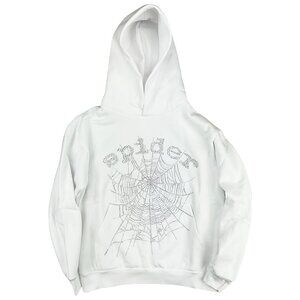 Sp5der OG Rhinestone Logo Hoodie Sweatshirt White | Spider Worldwide